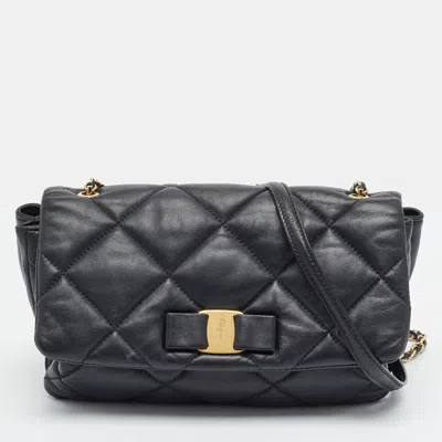Pre-owned Ferragamo Vara Bow Quilted Black Leather Shoulder Bag
