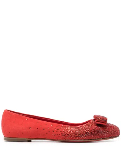 Ferragamo Vara-bow Rhinestone-embellished Ballerina Shoes In Rot