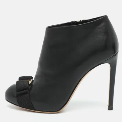 Pre-owned Ferragamo Vara Bow Size 36.5 Black Leather Booties