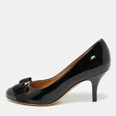 Pre-owned Ferragamo Vara Bow Size 36.5 Black Patent Leather Pumps