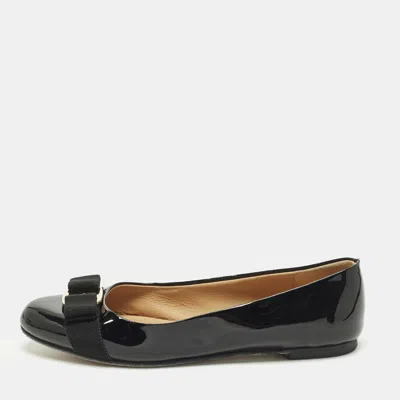 Pre-owned Ferragamo Vara Bow Size 37 Black Patent Leather Ballet Flats