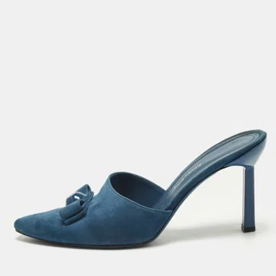 Pre-owned Ferragamo Vara Bow Size 40 Blue Suede Mules