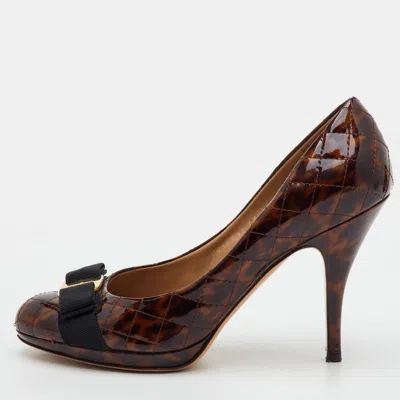 Pre-owned Ferragamo Vara Bow Size 40 Brown Leopard Print Patent Leather Platform Pumps