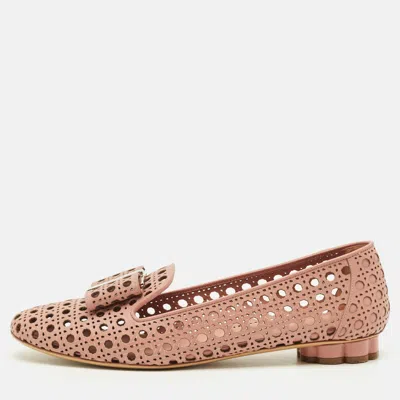 Pre-owned Ferragamo Vara Bow Size 40.5 Pink Leather Lasercut Accents Ballet Flats