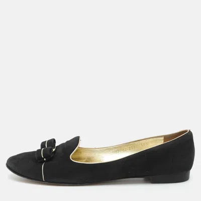 Pre-owned Ferragamo Vara Bow Size 41 Black Suede Ballet Flats