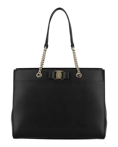Ferragamo Vara Bow Smooth Leather Tote In Black