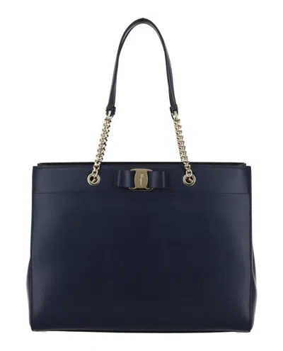 Ferragamo Vara Bow Smooth Leather Tote In Blue