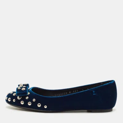 Pre-owned Ferragamo Vara Bow Studded Size 35.5 Blue Velvet Ballet Flats