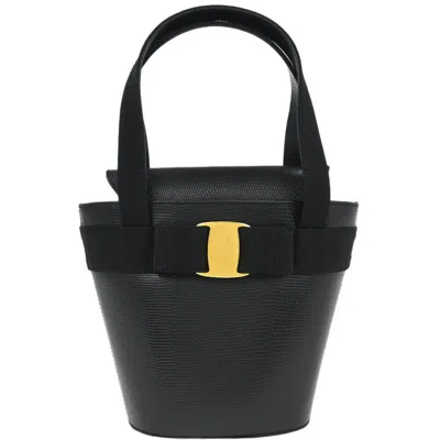 Pre-owned Ferragamo Vara Bow Top Handle Bucket Bag Leather Leather Handbag () In Black