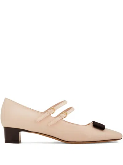 FERRAGAMO VARA BOW TWO-STRAP BLOCK-HEEL PUMPS