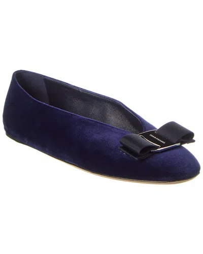 Ferragamo Vara Bow Velvet Flat In Blue