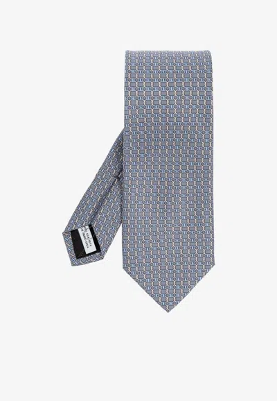 Ferragamo Vara Buckle Printed Silk Tie In Blue