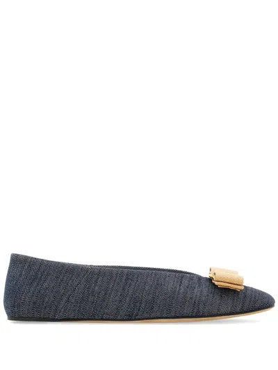 Ferragamo Vara Denim Ballerina Shoes In Blue
