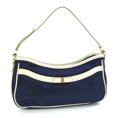 Pre-owned Ferragamo Vara Ivory Navy Nylon Leather Handbag Pouch () In Multi