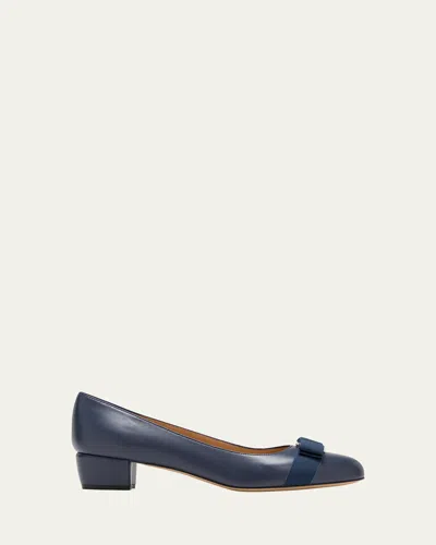 Ferragamo Vara Leather Bow Low Pumps In Blue