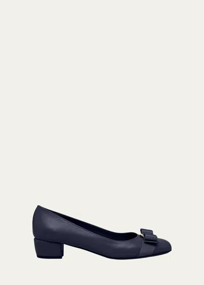 Ferragamo Vara Leather Bow Low Pumps In Blue