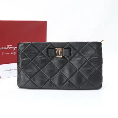 Pre-owned Ferragamo Vara Leather Clutch Bag Pouch () In Black