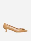 Ferragamo Bria Embellished Patent-leather Trimmed Smooth Leather Pumps In Light Camel