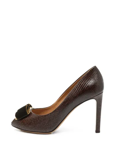 Pre-owned Ferragamo Vara Peep-toe Heeled Pumps In Brown