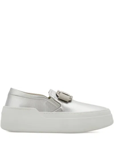Ferragamo Vara-plate Crystal-embellished Slip-on Trainers In Gray