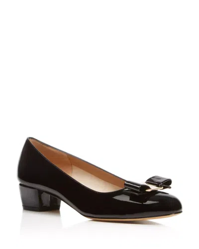 Ferragamo Vara Pumps Black Leather Bow Detail Block Heel Zap1036