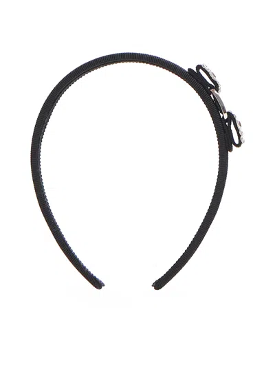 Ferragamo Vara Rhinestone Bow Grosgrain Headband In Nero+crystal/pld