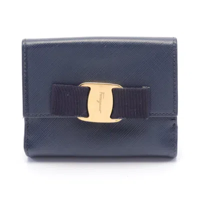 Ferragamo Vara Ribbon Bi-fold Wallet Leather Navy In Blue