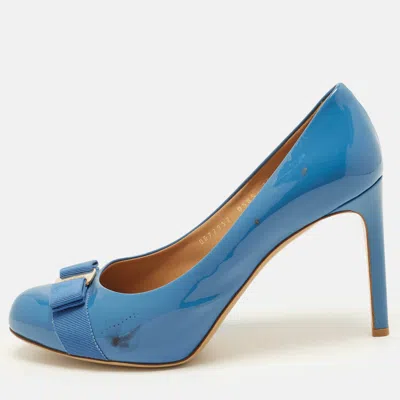 Pre-owned Ferragamo Vara Size 41 Blue Patent Leather Platform Pumps