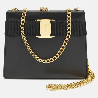Ferragamo Vara Vintage Black Leather Kisslock Clutch