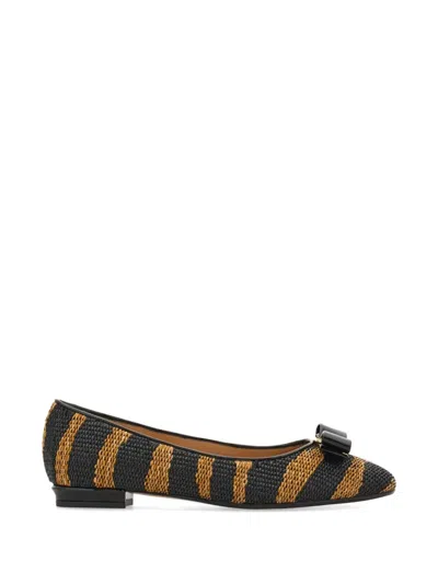 Ferragamo Varina Zebra-printed Raffia Ballerina Flats In Black