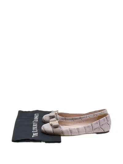 Pre-owned Ferragamo Varina Croc-embossed Ballet Flats In Gray