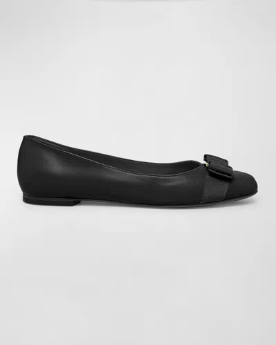 Ferragamo Varina Leather Bow Ballerina Flats In Nero