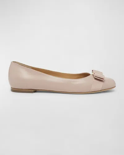 Ferragamo Varina Leather Bow Ballerina Flats In Rose