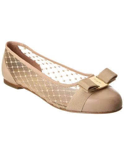 Ferragamo Varina Mesh Leather Bow Ballerina Flats In Beige