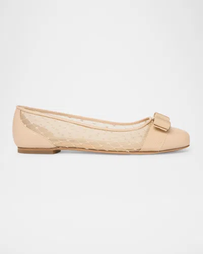 Ferragamo Varina Mesh Leather Bow Ballerina Flats In Beige
