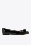 Ferragamo Glossy Leather Ballerinas With Bow Accent In Black