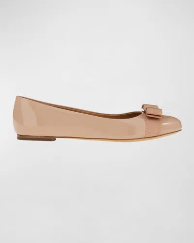 Ferragamo Varina Bow-detail Patent Leather Ballet Flats In Macaroons
