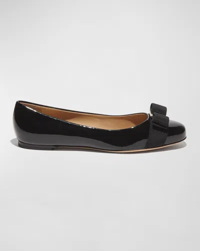 FERRAGAMO VARINA PATENT LEATHER BOW BALLERINA FLATS