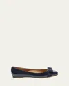 Ferragamo Varina Patent Leather Bow Ballerina Flats In Oxford Blue