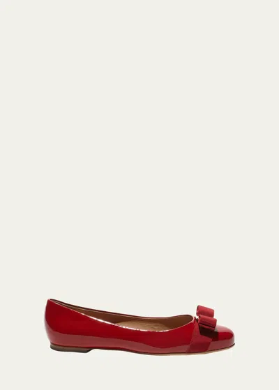 Ferragamo Varina Patent Leather Bow Ballerina Flats In Red
