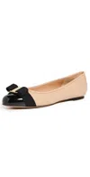 Ferragamo Varina Bow-embellished Quilted Smooth And Patent-leather Ballet Flats In Beige