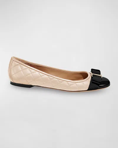 Ferragamo Varina Bow-embellished Quilted Smooth And Patent-leather Ballet Flats In Pink