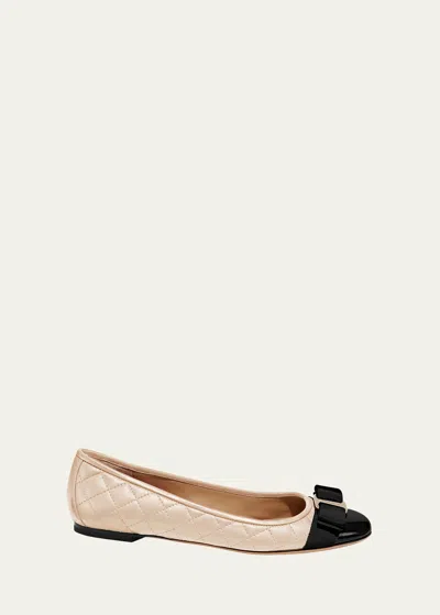 Ferragamo Varina Bow-embellished Quilted Smooth And Patent-leather Ballet Flats In Pink