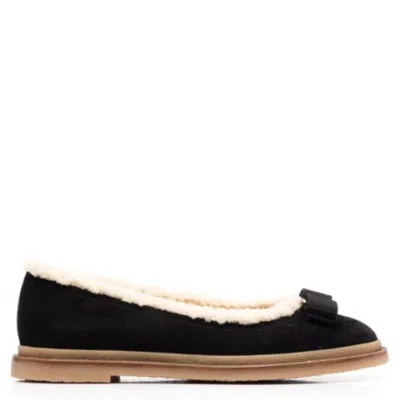 Ferragamo Varina Shearling-lined Bow-embellished Suede Ballet Flats In Black