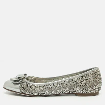 Pre-owned Ferragamo Varina Size 36.5 Silver Lase Cut Leather Ballet Flats