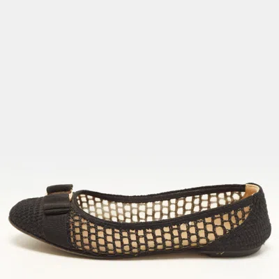 Pre-owned Ferragamo Varina Size 39 Black Knit Fabric And Woven Raffia Bow Ballet Flats