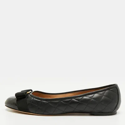 Pre-owned Ferragamo Varina Size 39 Black Quilted Leather And Patent Leather Ballet Flats