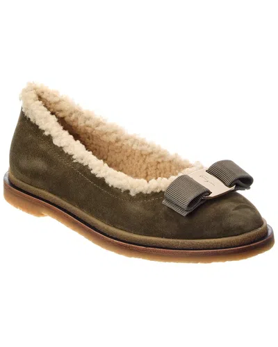 Ferragamo Varina Suede & Shearling Ballerina Flat In Green