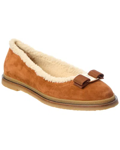 Ferragamo Varina Suede & Wool Ballet Flat In New Vicuna/naturale