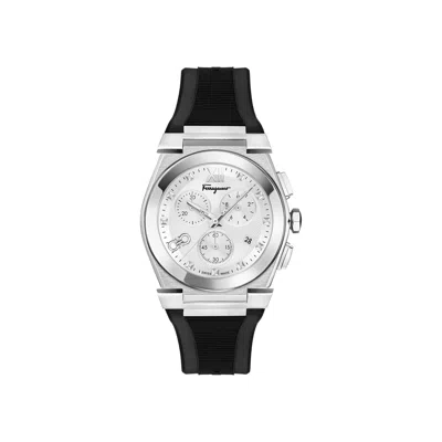 Pre-owned Ferragamo Vega Chrono Silicone Watch 'stainless Steel' | Silver | Men's Size Onesize